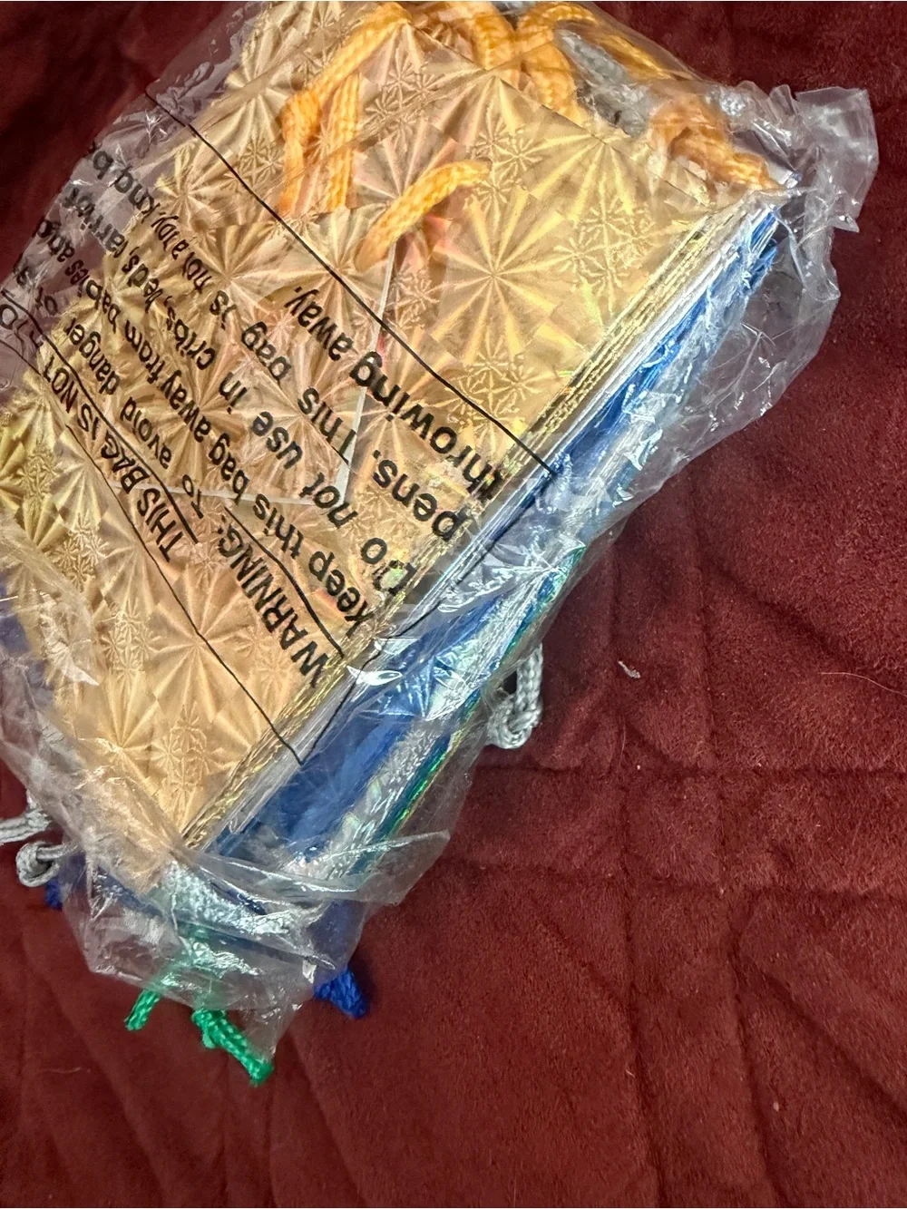 Embroidered Yellow Drawstring Pouch with Blue Cord